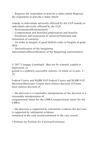 -whole Requires
the respondent to provide a make-whole
remedy to individuals adversely affected by the ULP.remedy to
individuals adversely affected by the ULP.
restoration of seniority
ood faithAn order to bargain in good
faith
representativeDecertification of the bargaining representative
© 2017 Cengage Learning®. May not be scanned, copied or
duplicated, or
posted to a publicly accessible website, in whole or in part. 3–
22
Federal Courts and NLRB ULP Federal Courts and NLRB ULP
DecisionsDecisions• Courts must enforce decision if:Courts
must enforce decision if:
reasonable interpretation of
congressional intent for the LMRA.congressional intent for the
LMRA.
is supported by substantial evidence
contained in the case record.contained in the case record.
• Petition for Petition for CertiorariCertiorari
 