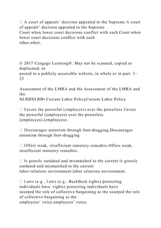 of appeals’ decision appealed to the Supreme
Court when lower court decisions conflict with each Court when
lower court decisions conflict with each
other.other.
© 2017 Cengage Learning®. May not be scanned, copied or
duplicated, or
posted to a publicly accessible website, in whole or in part. 3–
23
Assessment of the LMRA and the Assessment of the LMRA and
the
NLRBNLRB• Current Labor PolicyCurrent Labor Policy
the powerful (employers) over the powerless
(employees).(employees).
-dragging.Discourages
unionism through foot-dragging.
cient statutory remedies.Offers weak,
insufficient statutory remedies.
outdated and mismatched to the current
labor relations environment.labor relations environment.
., BeckBeck rights) protecting
individuals have rights) protecting individuals have
usurped the role of collective bargaining as the usurped the role
of collective bargaining as the
employees’ voice.employees’ voice.
 