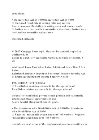 conditions.
• Staggers Rail Act of 1980Staggers Rail Act of 1980
and service
levels.Increased flexibility in setting rates and service levels.
declined but nonstrike actions have
increased.increased.
© 2017 Cengage Learning®. May not be scanned, copied or
duplicated, or
posted to a publicly accessible website, in whole or in part. 3–
28
Additional Laws That Afect Labor Additional Laws That Afect
Labor
RelationsRelations• Employee Retirement Income Security Act
of Employee Retirement Income Security Act of
1974 (ERISA)1974 (ERISA)
Establishes minimum standards for the operation of
voluntarily established private-sector pension and voluntarily
established private-sector pension and
health benefit plans.health benefit plans.
• The Americans with Disabilities Act of 1990The Americans
with Disabilities Act of 1990
“reasonable accommodation” of workers’
disabilities in all areas of the employment process.disabilities in
 