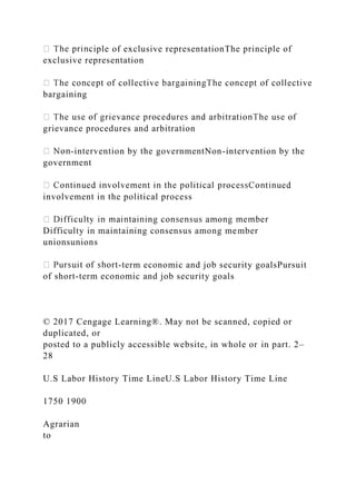 iple of exclusive representationThe principle of
exclusive representation
bargaining
grievance procedures and arbitration
-intervention by the governmentNon-intervention by the
government
involvement in the political process
Difficulty in maintaining consensus among member
unionsunions
-term economic and job security goalsPursuit
of short-term economic and job security goals
© 2017 Cengage Learning®. May not be scanned, copied or
duplicated, or
posted to a publicly accessible website, in whole or in part. 2–
28
U.S Labor History Time LineU.S Labor History Time Line
1750 1900
Agrarian
to
 