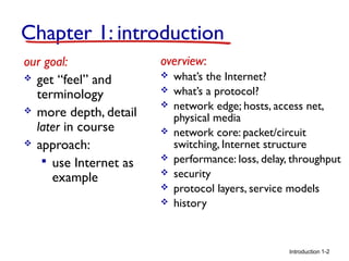 Chapter 1: introduction
our goal:
 get “feel” and
terminology
 more depth, detail
later in course
 approach:
 use Internet as
example

overview:









what’s the Internet?
what’s a protocol?
network edge; hosts, access net,
physical media
network core: packet/circuit
switching, Internet structure
performance: loss, delay, throughput
security
protocol layers, service models
history

Introduction 1-2

 