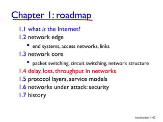 Chapter 1: roadmap
1.1 what is the Internet?
1.2 network edge
 end systems, access networks, links
1.3 network core
 packet switching, circuit switching, network structure
1.4 delay, loss, throughput in networks
1.5 protocol layers, service models
1.6 networks under attack: security
1.7 history

Introduction 1-42

 