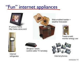 “Fun” internet appliances
Web-enabled toaster +
weather forecaster
IP picture frame
http://www.ceiva.com/

Tweet-a-watt:
monitor energy use

Slingbox: watch,
control cable TV remotely
Internet
refrigerator

Internet phones
Introduction 1-5

 
