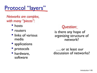 Protocol “layers”
Networks are complex,
with many “pieces”:
 hosts
 routers
 links of various
media
 applications
 protocols
 hardware,
software

Question:
is there any hope of
organizing structure of
network?
…. or at least our
discussion of networks?

Introduction 1-56

 