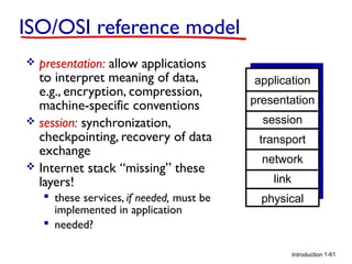 ISO/OSI reference model
presentation: allow applications
to interpret meaning of data,
e.g., encryption, compression,
machine-specific conventions
 session: synchronization,
checkpointing, recovery of data
exchange
 Internet stack “missing” these
layers!


 these services, if needed, must be
implemented in application
 needed?

application
presentation
session
transport
network
link
physical

Introduction 1-61

 