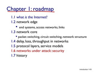 Chapter 1: roadmap
1.1 what is the Internet?
1.2 network edge
 end systems, access networks, links
1.3 network core
 packet switching, circuit switching, network structure

1.4 delay, loss, throughput in networks
1.5 protocol layers, service models
1.6 networks under attack: security
1.7 history

Introduction 1-63

 