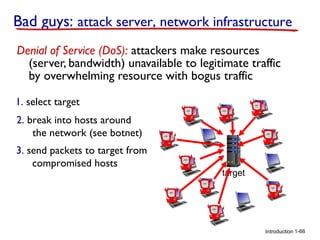 Bad guys: attack server, network infrastructure
Denial of Service (DoS): attackers make resources
(server, bandwidth) unavailable to legitimate traffic
by overwhelming resource with bogus traffic
1. select target
2. break into hosts around
the network (see botnet)
3. send packets to target from
compromised hosts

target

Introduction 1-66

 