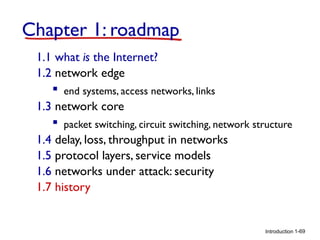 Chapter 1: roadmap
1.1 what is the Internet?
1.2 network edge
 end systems, access networks, links
1.3 network core
 packet switching, circuit switching, network structure
1.4 delay, loss, throughput in networks
1.5 protocol layers, service models
1.6 networks under attack: security
1.7 history

Introduction 1-69

 