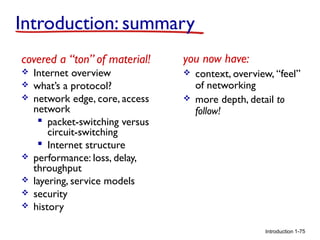 Introduction: summary
covered a “ton” of material!









Internet overview
what’s a protocol?
network edge, core, access
network
 packet-switching versus
circuit-switching
 Internet structure
performance: loss, delay,
throughput
layering, service models
security
history

you now have:



context, overview, “feel”
of networking
more depth, detail to
follow!

Introduction 1-75

 