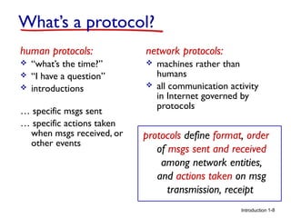 What’s a protocol?
human protocols:




“what’s the time?”
“I have a question”
introductions

… specific msgs sent
… specific actions taken
when msgs received, or
other events

network protocols:



machines rather than
humans
all communication activity
in Internet governed by
protocols

protocols define format, order
of msgs sent and received
among network entities,
and actions taken on msg
transmission, receipt
Introduction 1-8

 