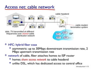Introduction
data, TV transmitted at different
frequencies over shared cable
distribution network
cable
modem
splitter
…
cable headend
CMTS
ISP
cable modem
termination system
 HFC: hybrid fiber coax
 asymmetric: up to 30Mbps downstream transmission rate, 2
Mbps upstream transmission rate
 network of cable, fiber attaches homes to ISP router
 homes share access network to cable headend
 unlike DSL, which has dedicated access to central office
Access net: cable network
1-15
 
