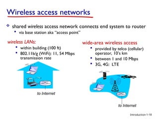 Introduction
Wireless access networks
 shared wireless access network connects end system to router
 via base station aka “access point”
wireless LANs:
 within building (100 ft)
 802.11b/g (WiFi): 11, 54 Mbps
transmission rate
wide-area wireless access
 provided by telco (cellular)
operator, 10’s km
 between 1 and 10 Mbps
 3G, 4G: LTE
to Internet
to Internet
1-18
 