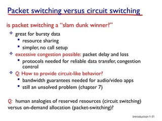 Introduction
 great for bursty data
 resource sharing
 simpler, no call setup
 excessive congestion possible: packet delay and loss
 protocols needed for reliable data transfer, congestion
control
 Q: How to provide circuit-like behavior?
 bandwidth guarantees needed for audio/video apps
 still an unsolved problem (chapter 7)
is packet switching a “slam dunk winner?”
Q: human analogies of reserved resources (circuit switching)
versus on-demand allocation (packet-switching)?
Packet switching versus circuit switching
1-31
 