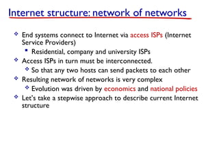 Internet structure: network of networks
 End systems connect to Internet via access ISPs (Internet
Service Providers)
 Residential, company and university ISPs
 Access ISPs in turn must be interconnected.
 So that any two hosts can send packets to each other
 Resulting network of networks is very complex
 Evolution was driven by economics and national policies
 Let’s take a stepwise approach to describe current Internet
structure
 
