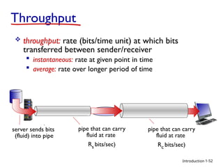 Introduction
Throughput
 throughput: rate (bits/time unit) at which bits
transferred between sender/receiver
 instantaneous: rate at given point in time
 average: rate over longer period of time
server, with
file of F bits
to send to client
link capacity
Rs bits/sec
link capacity
Rc bits/sec
server sends bits
(fluid) into pipe
pipe that can carry
fluid at rate
Rs bits/sec)
pipe that can carry
fluid at rate
Rc bits/sec)
1-52
 