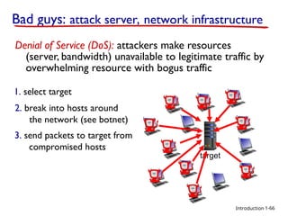 Introduction
target
Denial of Service (DoS): attackers make resources
(server, bandwidth) unavailable to legitimate traffic by
overwhelming resource with bogus traffic
1. select target
2. break into hosts around
the network (see botnet)
3. send packets to target from
compromised hosts
Bad guys: attack server, network infrastructure
1-66
 