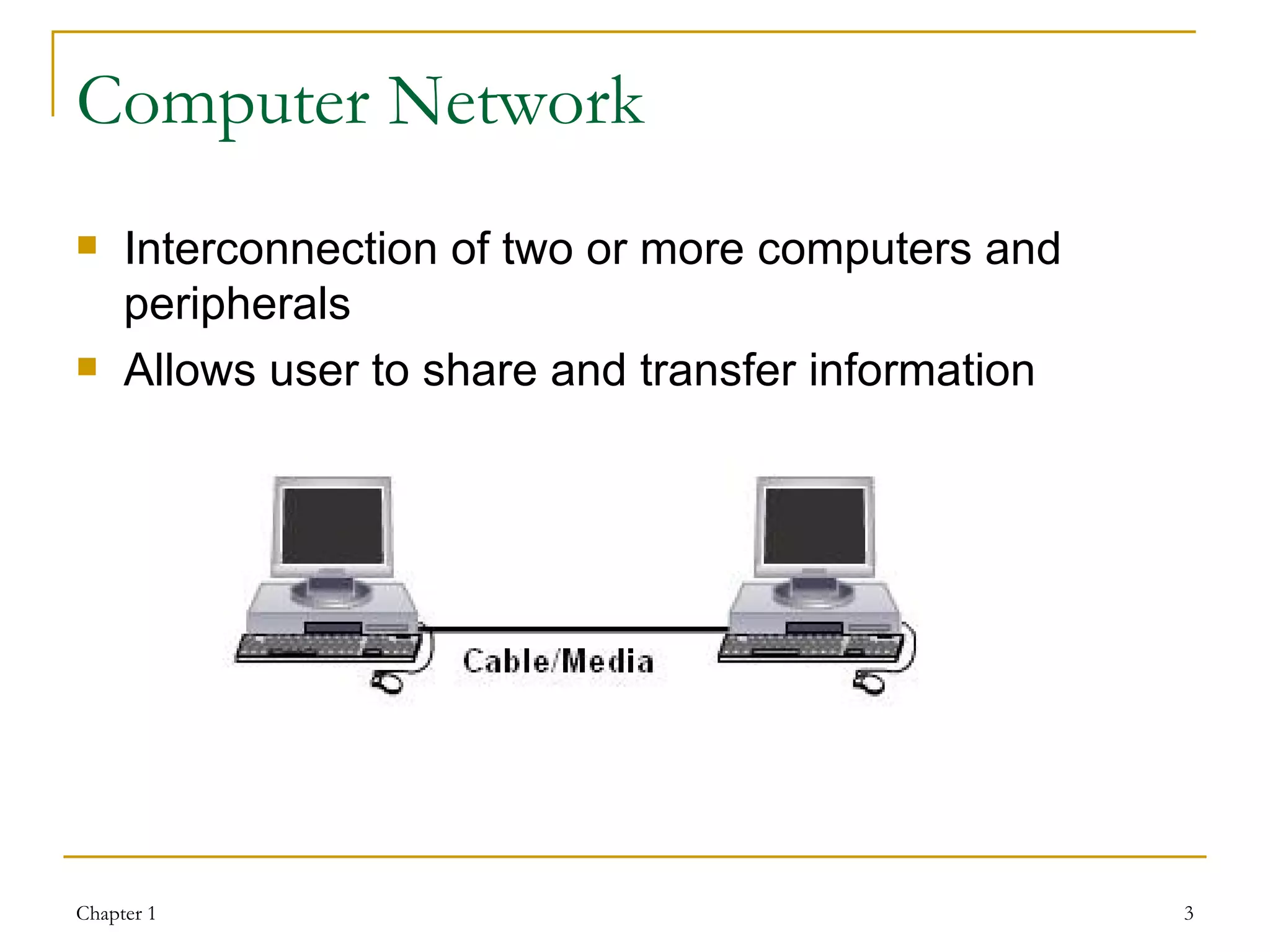 Computer Network Interconnection of two or more computers and peripherals Allows user to share and transfer information 