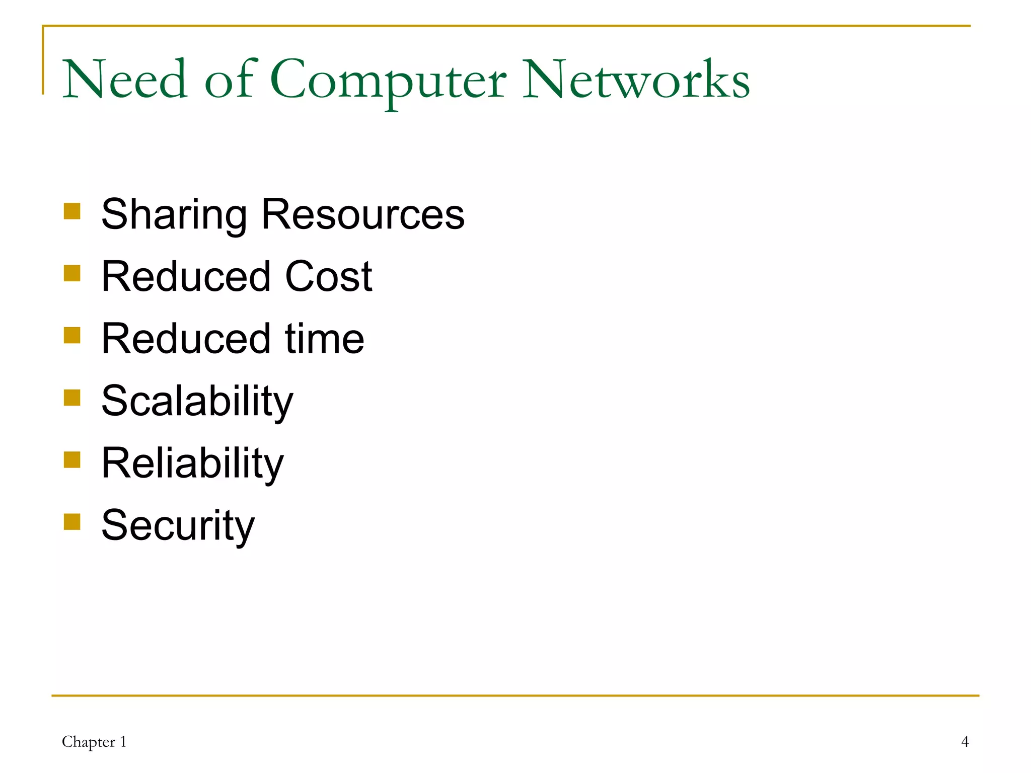Need of Computer Networks Sharing Resources Reduced Cost Reduced time  Scalability Reliability Security 