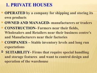 1. PRIVATE HOUSES
 OPERATED by a company for shipping and storing its
own products
 OWNED AND MANAGED- manufacturers or traders
 CONSTRUCTION- Farmers near their fields,
Wholesalers and Retailers near their business centre's
and Manufacturers near their factories
 COMPANIES – Stable inventory levels and long run
expectations
 SUITABILITY- Firms that require special handling
and storage features and want to control design and
operation of the warehouse
 