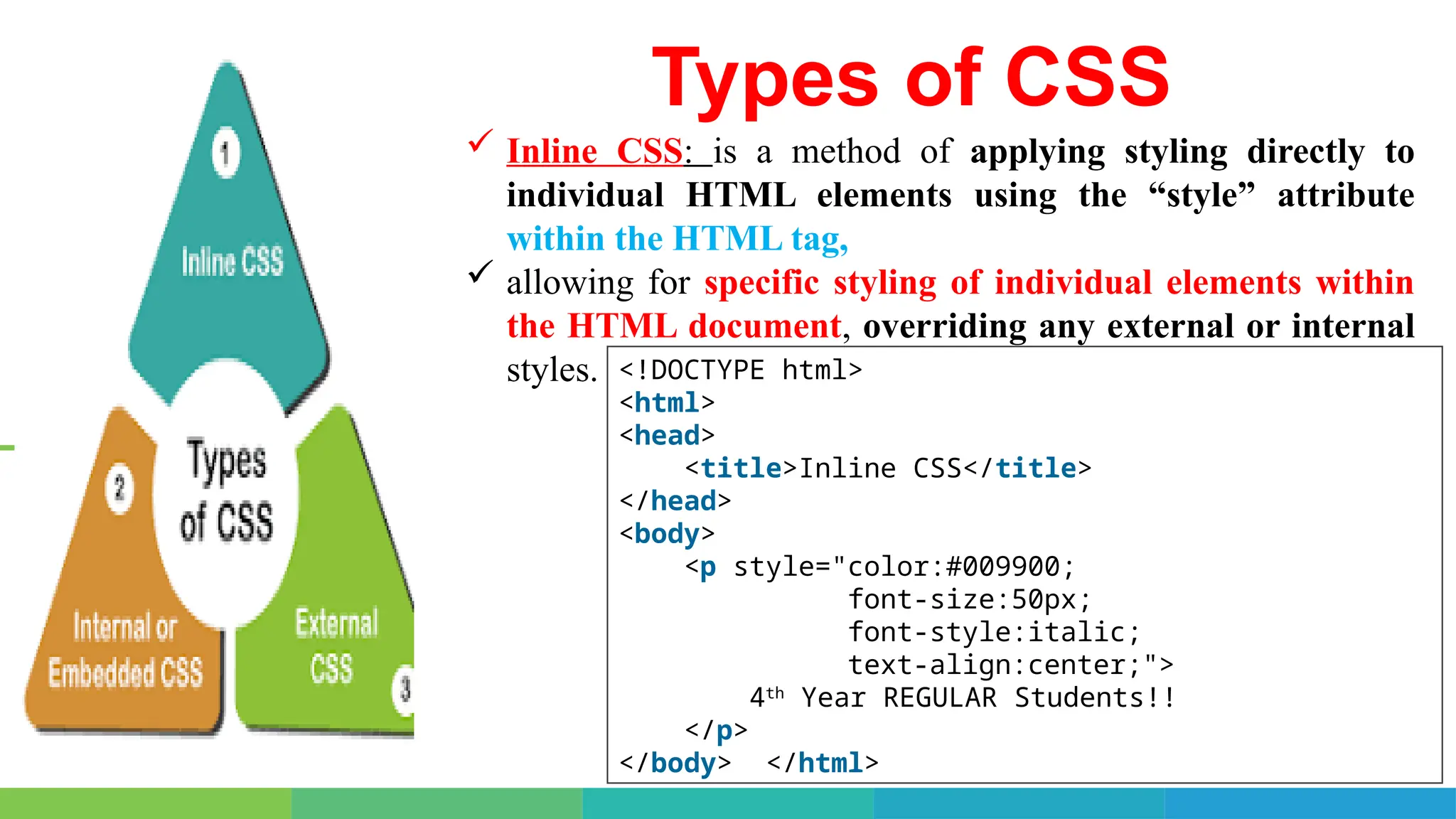 Types of CSS
 Inline CSS: is a method of applying styling directly to
individual HTML elements using the “style” attribute
within the HTML tag,
 allowing for specific styling of individual elements within
the HTML document, overriding any external or internal
styles. <!DOCTYPE html>
<html>
<head>
<title>Inline CSS</title>
</head>
<body>
<p style="color:#009900;
font-size:50px;
font-style:italic;
text-align:center;">
4th
Year REGULAR Students!!
</p>
</body> </html>
 