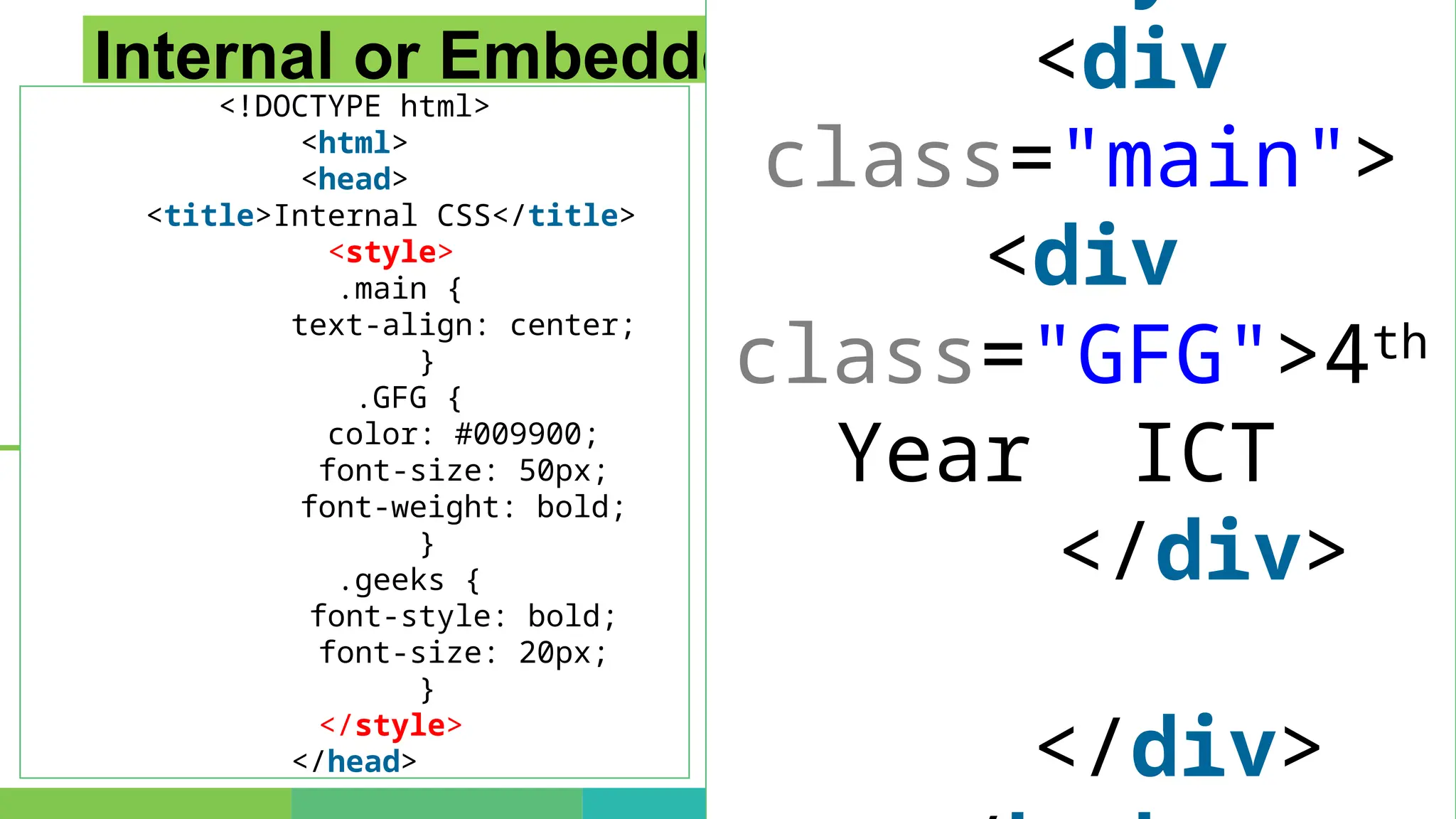 Internal or Embedded CSS: Example
<!DOCTYPE html>
<html>
<head>
<title>Internal CSS</title>
<style>
.main {
text-align: center;
}
.GFG {
color: #009900;
font-size: 50px;
font-weight: bold;
}
.geeks {
font-style: bold;
font-size: 20px;
}
</style>
</head>
<div
class="main">
<div
class="GFG">4th
Year ICT
</div>
</div>
 