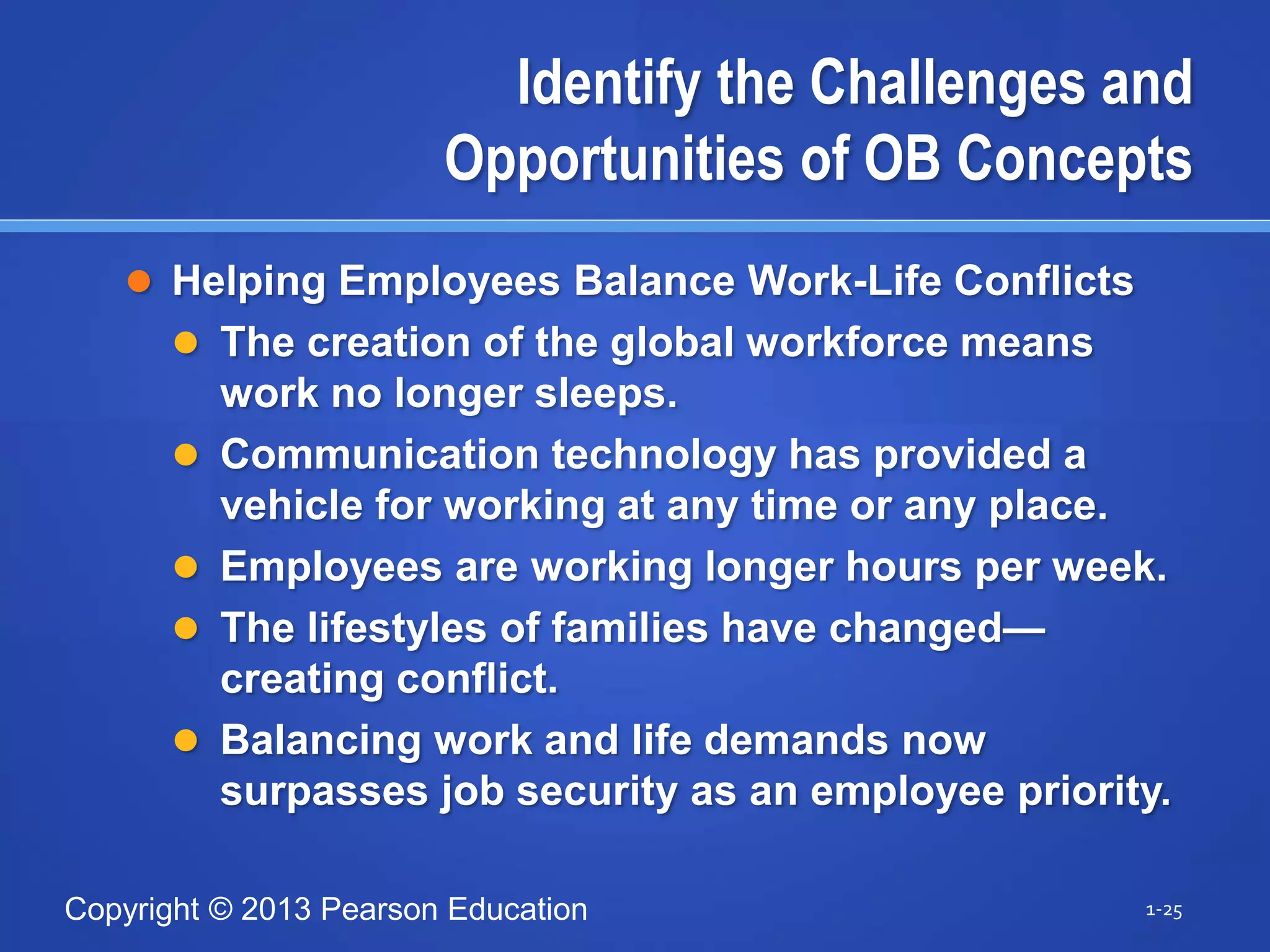 Copyright © 2013 Pearson Education
Identify the Challenges and
Opportunities of OB Concepts
 Helping Employees Balance Work-Life Conflicts
 The creation of the global workforce means
work no longer sleeps.
 Communication technology has provided a
vehicle for working at any time or any place.
 Employees are working longer hours per week.
 The lifestyles of families have changed—
creating conflict.
 Balancing work and life demands now
surpasses job security as an employee priority.
1-25
 