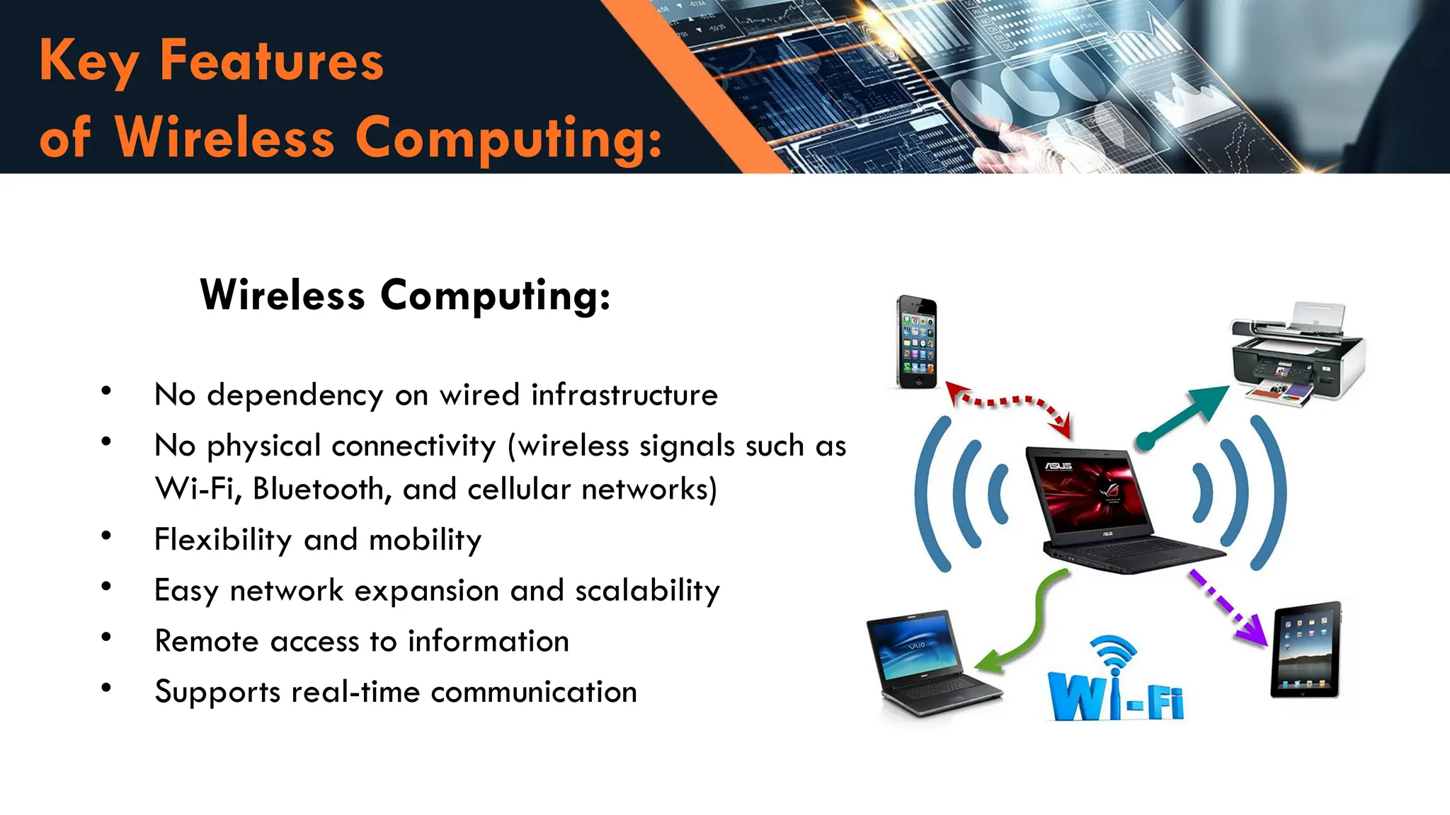 Key Features
of Wireless Computing:
Wireless Computing:
• No dependency on wired infrastructure
• No physical connectivity (wireless signals such as
Wi-Fi, Bluetooth, and cellular networks)
• Flexibility and mobility
• Easy network expansion and scalability
• Remote access to information
• Supports real-time communication
 