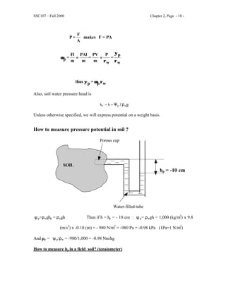 SSC107 – Fall 2000 Chapter 2, Page - 10 -
ρ
µ
ψ
ρ
ψ
ρ
=
=
µ
w
p
=
p
thus
w
p
=
w
P
m
PV
=
m
PAl
m
Fl
=
p
PA
=
F
makes
A
F
=
P
Also, soil water pressure head is
hp = h = Ψp / ρwg
Unless otherwise specified, we will express potential on a weight basis.
How to measure pressure potential in soil ?
Porous cup
hp = -10 cm
Water-filled tube
ψp=ρwghp = ρwgh Then if h = hp = - 10 cm : ψp= ρwgh = 1,000 (kg/m3
) x 9.8
(m/s2
) x -0.10 (m) = - 980 N/m2
= -980 Pa = -0.98 kPa (1Pa=1 N/m2
)
And µp = ψp/ρw = -980/1,000 = -0.98 Nm/kg
How to measure hp in a field soil? (tensiometer)
SOIL
 