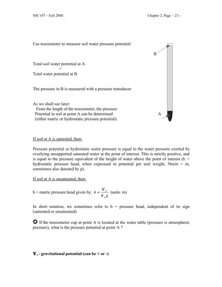SSC107 – Fall 2000 Chapter 2, Page - 23 -
Use tensiometer to measure soil water pressure potential:
B
Total soil water potential at A
=
Total water potential at B
The pressure in B is measured with a pressure transducer
As we shall see later:
From the length of the tensiometer, the pressure
Potential in soil at point A can be determined A
(either matric or hydrostatic pressure potential).
If soil at A is saturated, then:
Pressure potential or hydrostatic water pressure is equal to the water pressure exerted by
overlying unsupported saturated water at the point of interest. This is strictly positive, and
is equal to the pressure equivalent of the height of water above the point of interest (h =
hydrostatic pressure head, when expressed in potential per unit weight, Nm/m = m,
sometimes also denoted by p).
If soil at A is unsaturated, then:
h = matric pressure head given by: h
g
p
w
=
ψ
ρ
(units: m)
In short notation, we sometimes refer to h = pressure head, independent of its sign
(saturated or unsaturated)
J If the tensiometer cup at point A is located at the water table (pressure is atmospheric
pressure), what is the pressure potential at point A ?
Ψz - gravitational potential (can be + or -)
 