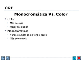CRT Monocromática Vs. Color  Color Más costosa Mejor resolución Monocromáticos Verde o ámbar en un fondo negro Más económica 