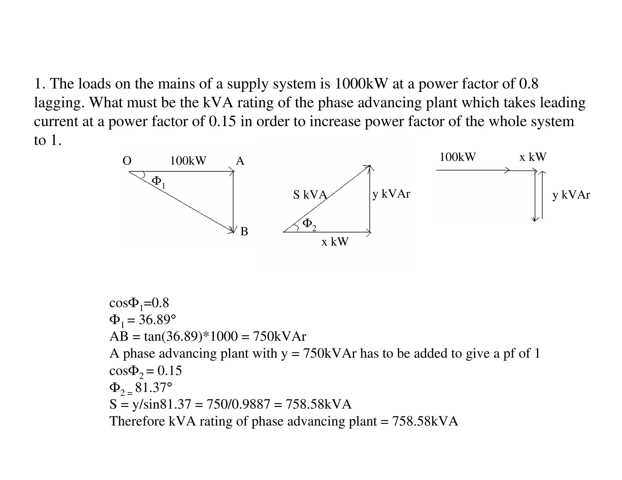 1. The loads on the mains of a supply system is 1000kW at a power factor of 0.8
lagging. What must be the kVA rating of the phase advancing plant which takes leading
current at a power factor of 0.15 in order to increase power factor of the whole system
to 1.
             O         100kW    A                                  100kW         x kW
                  Φ1
                                          S kVA         y kVAr                          y kVAr

                                            Φ2
                                 B
                                                 x kW



           cosΦ1=0.8
           Φ1 = 36.89°
           AB = tan(36.89)*1000 = 750kVAr
           A phase advancing plant with y = 750kVAr has to be added to give a pf of 1
           cosΦ2 = 0.15
           Φ2 = 81.37°
           S = y/sin81.37 = 750/0.9887 = 758.58kVA
           Therefore kVA rating of phase advancing plant = 758.58kVA
 