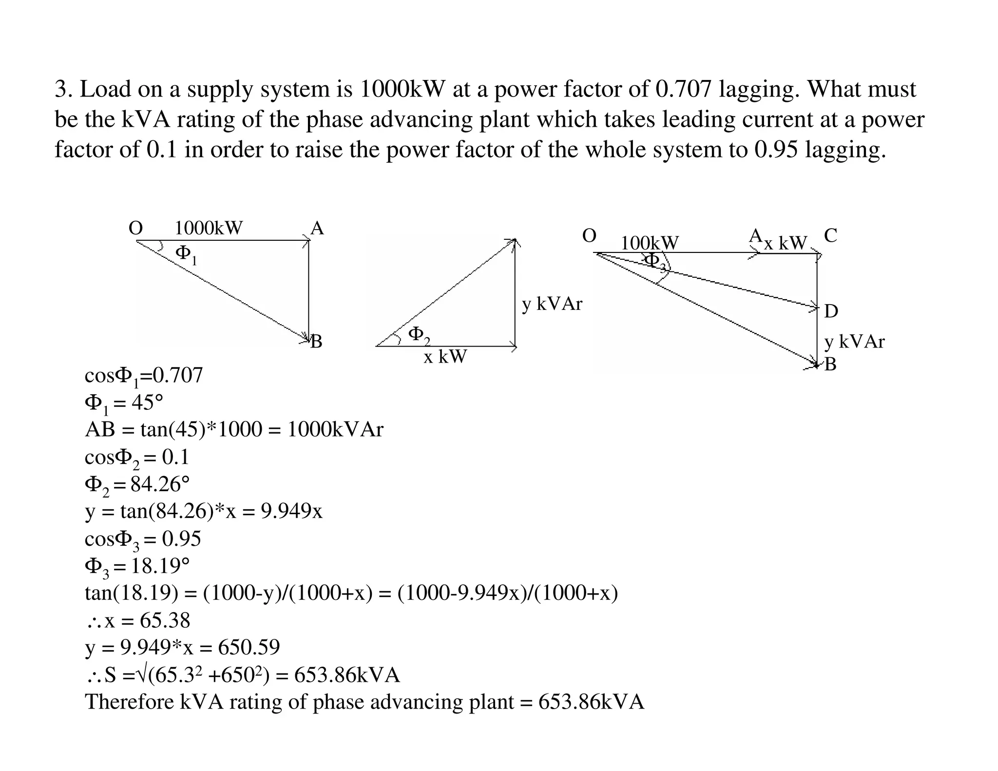 3. Load on a supply system is 1000kW at a power factor of 0.707 lagging. What must
be the kVA rating of the phase advancing plant which takes leading current at a power
factor of 0.1 in order to raise the power factor of the whole system to 0.95 lagging.


       O   1000kW       A                           O              Ax kW C
           Φ1                                           100kW
                                                          Φ3

                                              y kVAr                       D
                        B         Φ2                                       y kVAr
                                   x kW                                    B
  cosΦ1=0.707
  Φ1 = 45°
  AB = tan(45)*1000 = 1000kVAr
  cosΦ2 = 0.1
  Φ2 = 84.26°
  y = tan(84.26)*x = 9.949x
  cosΦ3 = 0.95
  Φ3 = 18.19°
  tan(18.19) = (1000-y)/(1000+x) = (1000-9.949x)/(1000+x)
  ∴x = 65.38
  y = 9.949*x = 650.59
  ∴S =√(65.32 +6502) = 653.86kVA
  Therefore kVA rating of phase advancing plant = 653.86kVA
 