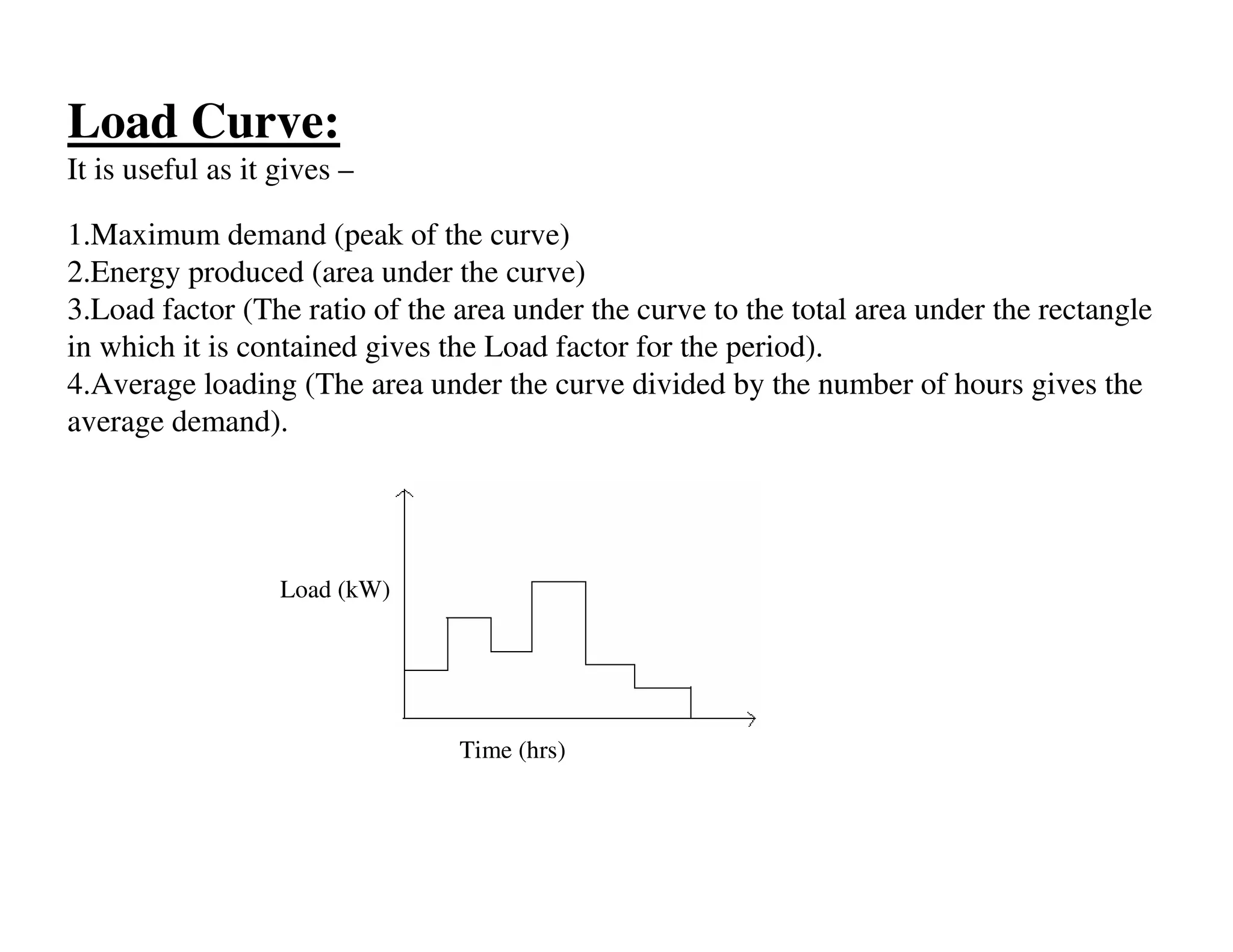 Load Curve:
It is useful as it gives –

1.Maximum demand (peak of the curve)
2.Energy produced (area under the curve)
3.Load factor (The ratio of the area under the curve to the total area under the rectangle
in which it is contained gives the Load factor for the period).
4.Average loading (The area under the curve divided by the number of hours gives the
average demand).




                   Load (kW)




                                Time (hrs)
 