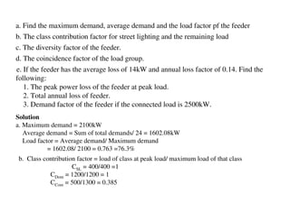 a. Find the maximum demand, average demand and the load factor pf the feeder
b. The class contribution factor for street lighting and the remaining load
c. The diversity factor of the feeder.
d. The coincidence factor of the load group.
e. If the feeder has the average loss of 14kW and annual loss factor of 0.14. Find the
following:
   1. The peak power loss of the feeder at peak load.
   2. Total annual loss of feeder.
   3. Demand factor of the feeder if the connected load is 2500kW.
Solution
a. Maximum demand = 2100kW
   Average demand = Sum of total demands/ 24 = 1602.08kW
   Load factor = Average demand/ Maximum demand
            = 1602.08/ 2100 = 0.763 =76.3%
 b. Class contribution factor = load of class at peak load/ maximum load of that class
                     CSL = 400/400 =1
            CDom = 1200/1200 = 1
            CCom = 500/1300 = 0.385
 