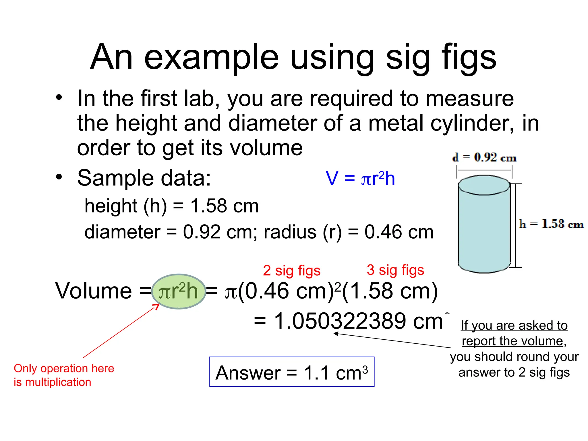 An example using sig figs
• In the first lab, you are required to measure
the height and diameter of a metal cylinder, in
order to get its volume
• Sample data:
height (h) = 1.58 cm
diameter = 0.92 cm; radius (r) = 0.46 cm
Volume = r2
h = (0.46 cm)2
(1.58 cm)
= 1.050322389 cm3
3 sig figs
2 sig figs
If you are asked to
report the volume,
you should round your
answer to 2 sig figs
Answer = 1.1 cm3
Only operation here
is multiplication
V = r2
h
 