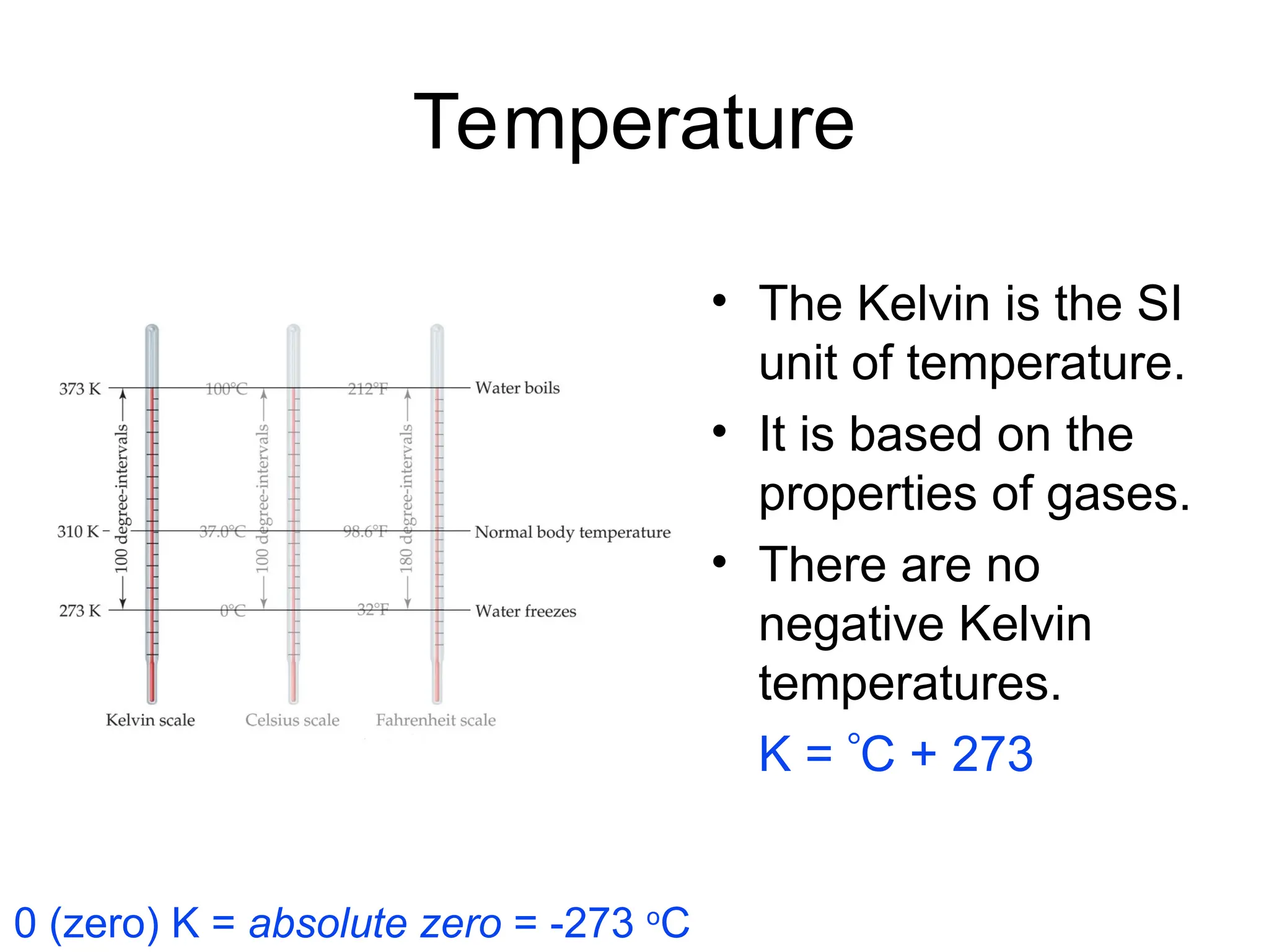 Temperature
• The Kelvin is the SI
unit of temperature.
• It is based on the
properties of gases.
• There are no
negative Kelvin
temperatures.
K = C + 273
0 (zero) K = absolute zero = -273 o
C
 