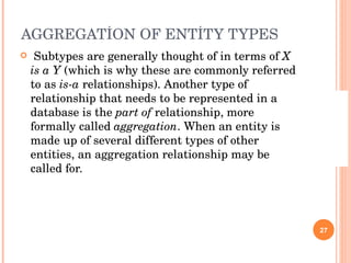 AGGREGATİON OF ENTİTY TYPES Subtypes are generally thought of in terms of  X is a Y  (which is why these are commonly referred to as  is-a  relationships). Another type of relationship that needs to be represented in a database is the  part of  relationship, more formally called  aggregation . When an entity is made up of several different types of other entities, an aggregation relationship may be called for.  