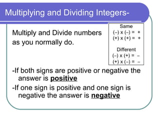 Multiplying and Dividing Integers- Multiply and Divide numbers  as you normally do. -If both signs are positive or negative the answer is  positive -If one sign is positive and one sign is negative the answer is  negative 