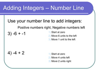 Adding Integers – Number Line Use your number line to add integers: Positive numbers right, Negative numbers left 3) -6 + -1 4) -4 + 2 1)  Start at zero  2)  Move 6 units to the left 3)  Move 1 unit to the left 1)  Start at zero 2)  Move 4 units left 3)  Move 2 units right 