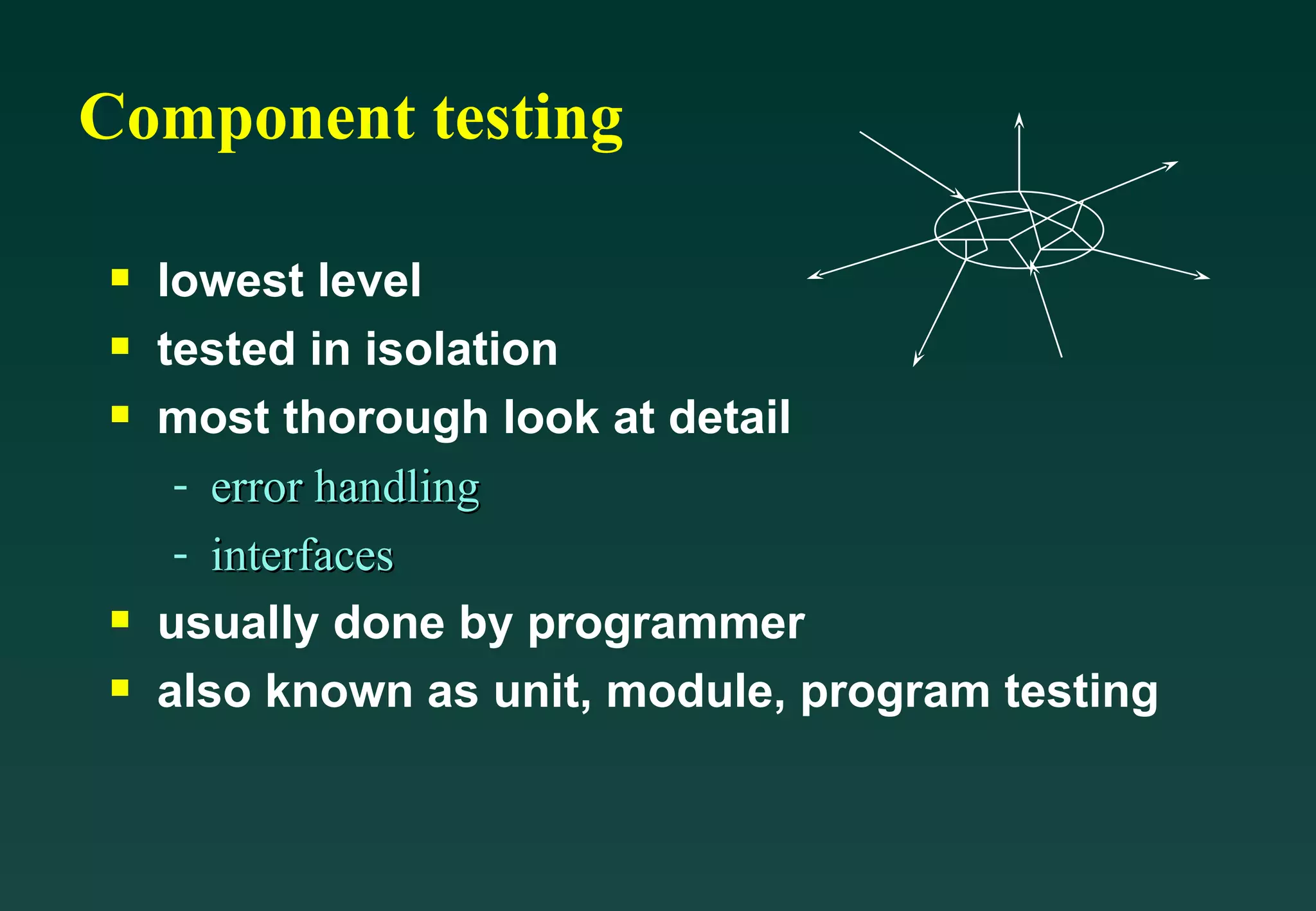 Component testing lowest level tested in isolation most thorough look at detail error handling interfaces usually done by programmer also known as unit, module, program testing 