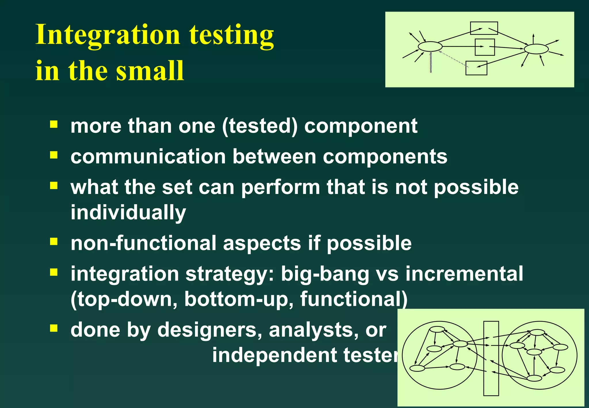 Integration testing in the small more than one (tested) component communication between components what the set can perform that is not possible individually non-functional aspects if possible integration strategy: big-bang vs incremental (top-down, bottom-up, functional) done by designers, analysts, or  independent testers 
