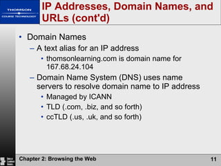 IP Addresses, Domain Names, and URLs (cont'd) Domain Names A text alias for an IP address thomsonlearning.com is domain name for 167.68.24.104 Domain Name System (DNS) uses name servers to resolve domain name to IP address Managed by ICANN TLD (.com, .biz, and so forth) ccTLD (.us, .uk, and so forth) 