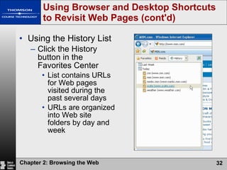 Using the History List Click the History button in the Favorites Center  List contains URLs for Web pages visited during the past several days URLs are organized into Web site folders by day and week Using Browser and Desktop Shortcuts to Revisit Web Pages (cont'd) 