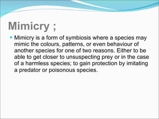 Mimicry ; Mimicry is a form of symbiosis where a species may mimic the colours, patterns, or even behaviour of another species for one of two reasons. Either to be able to get closer to unsuspecting prey or in the case of a harmless species; to gain protection by imitating a predator or poisonous species.   