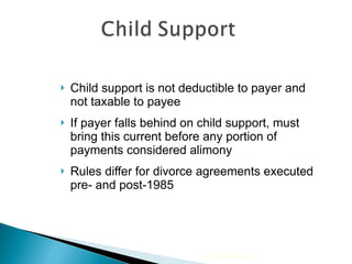 Child support is not deductible to payer and not taxable to payee  If payer falls behind on child support, must bring this current before any portion of payments considered alimony Rules differ for divorce agreements executed pre- and post-1985 2009 Cengage Learning 
