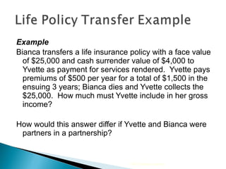Example Bianca transfers a life insurance policy with a face value of $25,000 and cash surrender value of $4,000 to Yvette as payment for services rendered.  Yvette pays premiums of $500 per year for a total of $1,500 in the ensuing 3 years; Bianca dies and Yvette collects the $25,000.  How much must Yvette include in her gross income?  How would this answer differ if Yvette and Bianca were partners in a partnership? 2009 Cengage Learning 