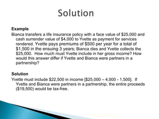 Example Bianca transfers a life insurance policy with a face value of $25,000 and cash surrender value of $4,000 to Yvette as payment for services rendered.  Yvette pays premiums of $500 per year for a total of $1,500 in the ensuing 3 years ; Bianca dies and Yvette collects the $25,000.  How much must Yvette include in her gross income? How would this answer differ if Yvette and Bianca were partners in a partnership? Solution Yvette must include $22,500 in income [$25,000 – 4,000 - 1,500].  If Yvette and Bianca were partners in a partnership, the entire proceeds ($19,500) would be tax-free. 2009 Cengage Learning 