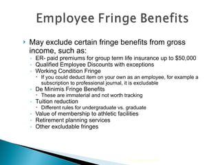 May exclude certain fringe benefits from gross income, such as: ER- paid premiums for group term life insurance up to $50,000 Qualified Employee Discounts with exceptions Working Condition Fringe  If you could deduct item on your own as an employee, for example a subscription to professional journal, it is excludable De Minimis Fringe Benefits  These are immaterial and not worth tracking Tuition reduction Different rules for undergraduate vs. graduate Value of membership to athletic facilities Retirement planning services Other excludable fringes   2009 Cengage Learning 
