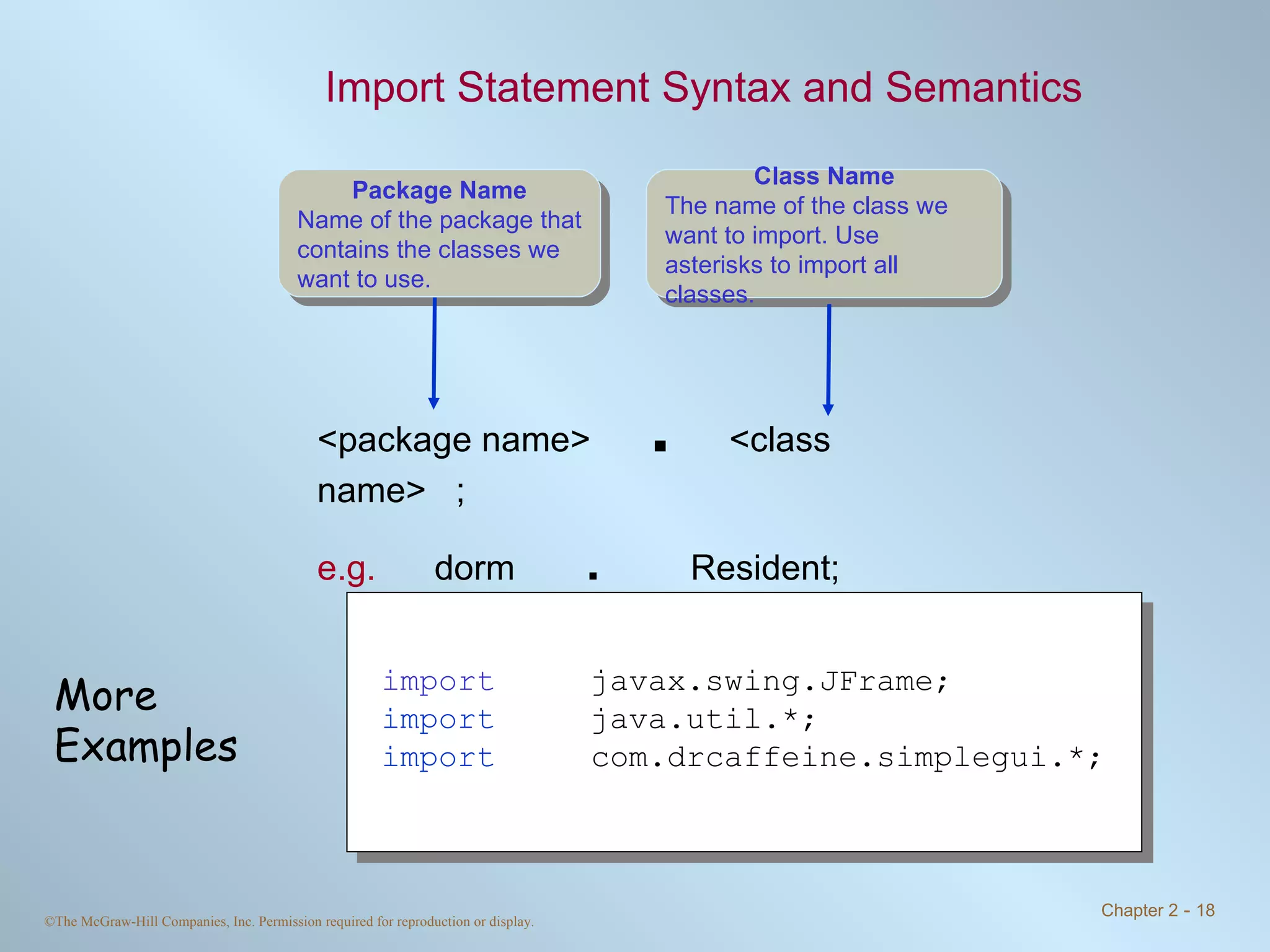 Import Statement Syntax and Semantics <package name>  .   <class name>  ; e.g.  dorm  .   Resident; import   javax.swing.JFrame; import   java.util.*; import   com.drcaffeine.simplegui.*; More Examples Class Name The name of the class we want to import. Use asterisks to import all classes. Package Name Name of the package that contains the classes we want to use. 