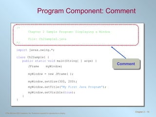 Program Component: Comment /* Chapter 2 Sample Program: Displaying a Window File: Ch2Sample2.java */ import  javax.swing.*; class  Ch2Sample1 { public static void  main(String[ ] args) { JFrame myWindow; myWindow = new JFrame( ); myWindow.setSize(300, 200); myWindow.setTitle( “My First Java Program” ); myWindow.setVisible( true ); } } Comment 